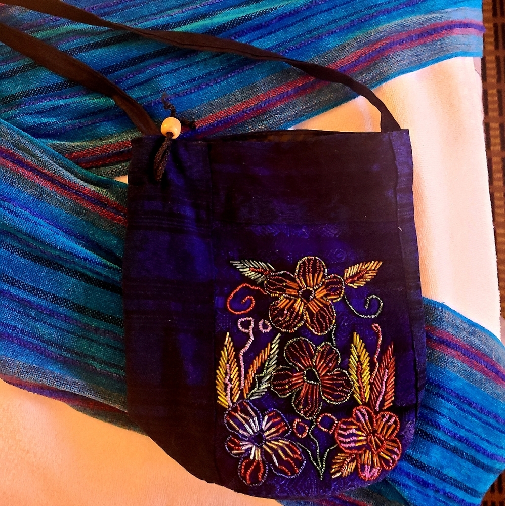 Velvet blue embroidered bag/tote